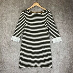 Talbots Dress Womens Medium Green Striped 3/4 Sleeve Ruffle Trim Nautical- 3768